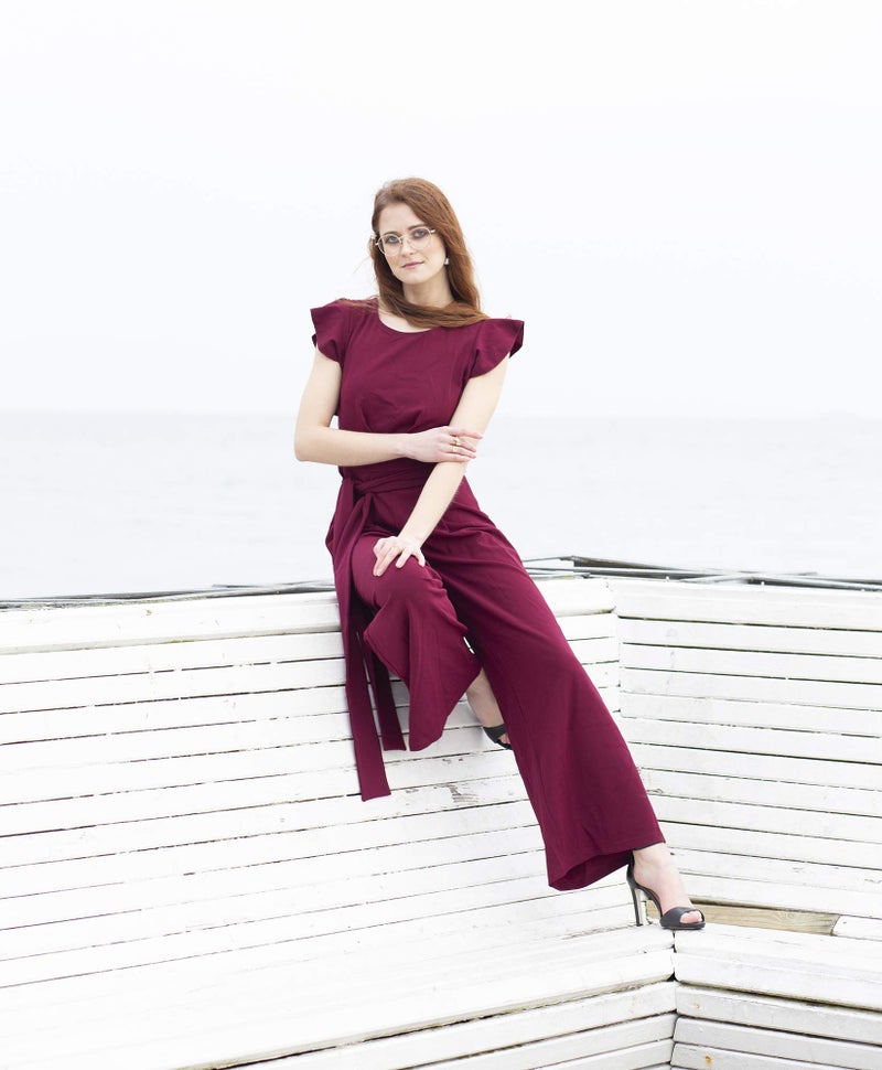 Knitee Women's Vintage Sleeveless Ruffle High Waist Wide Leg Romper Formal Long Jumpsuit with Belt (A-Burgundy, Large) - Image 3